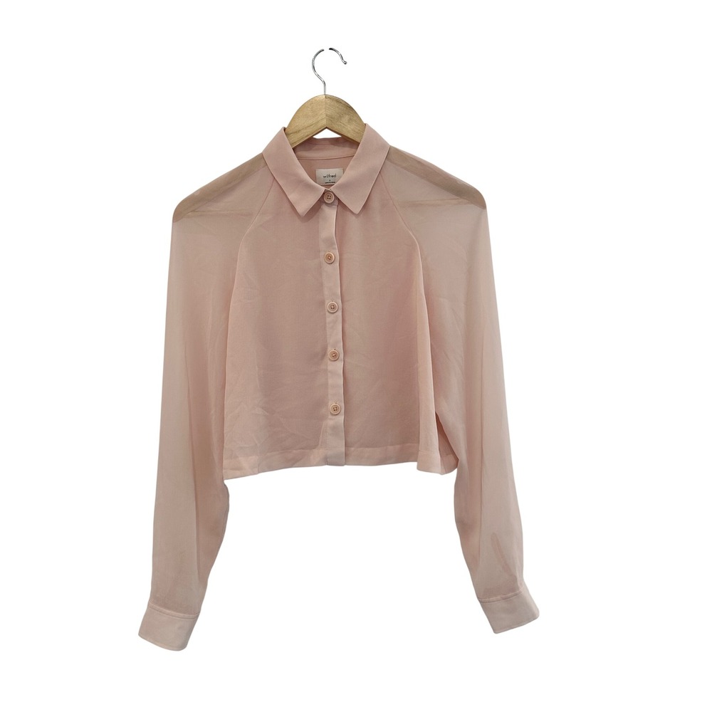 Aritzia Wilfred Pink Sheer Cropped Button Down Shirt Blouse Long Sleeve Small